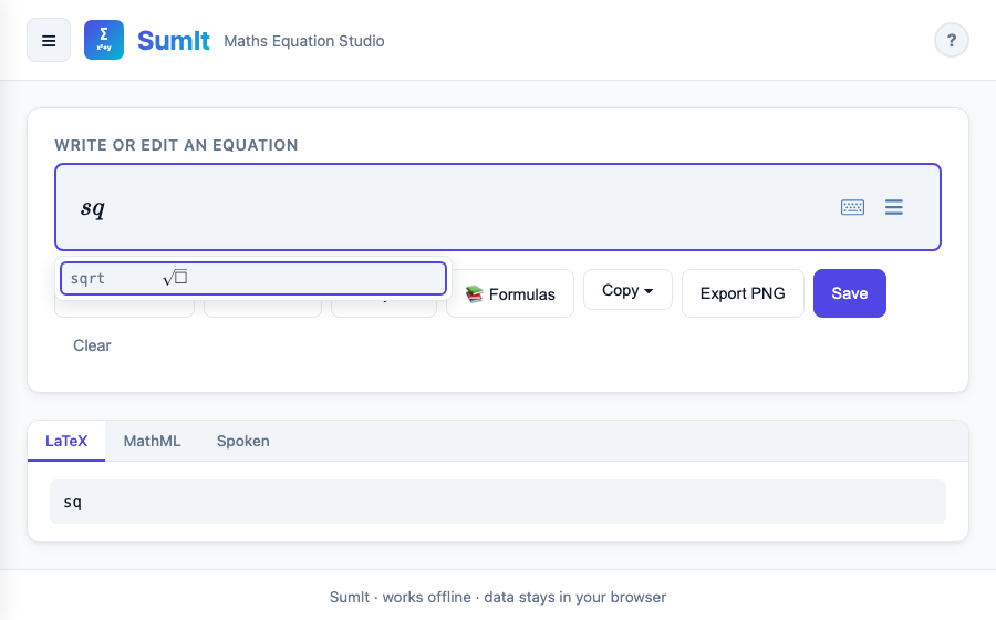 Autocomplete dropdown showing 'sqrt' matching a square-root symbol.