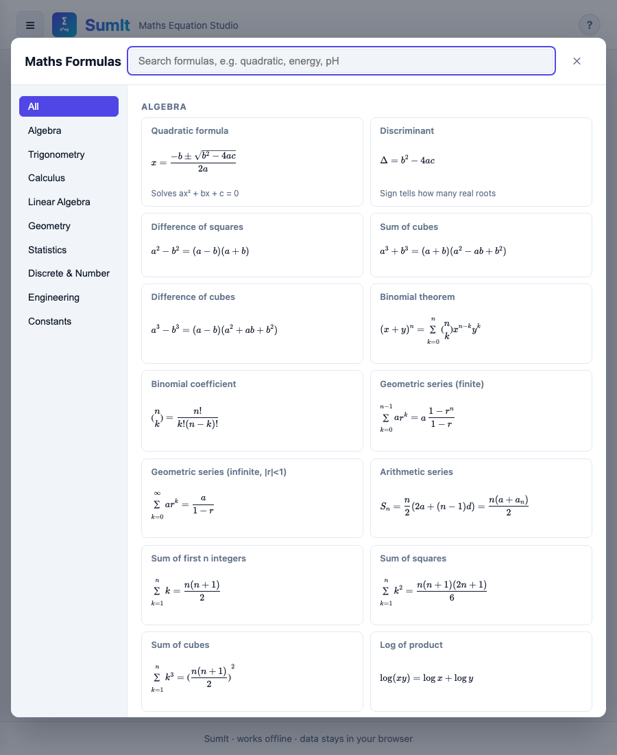 Formula library modal with a sidebar of categories and a grid of rendered formulas.